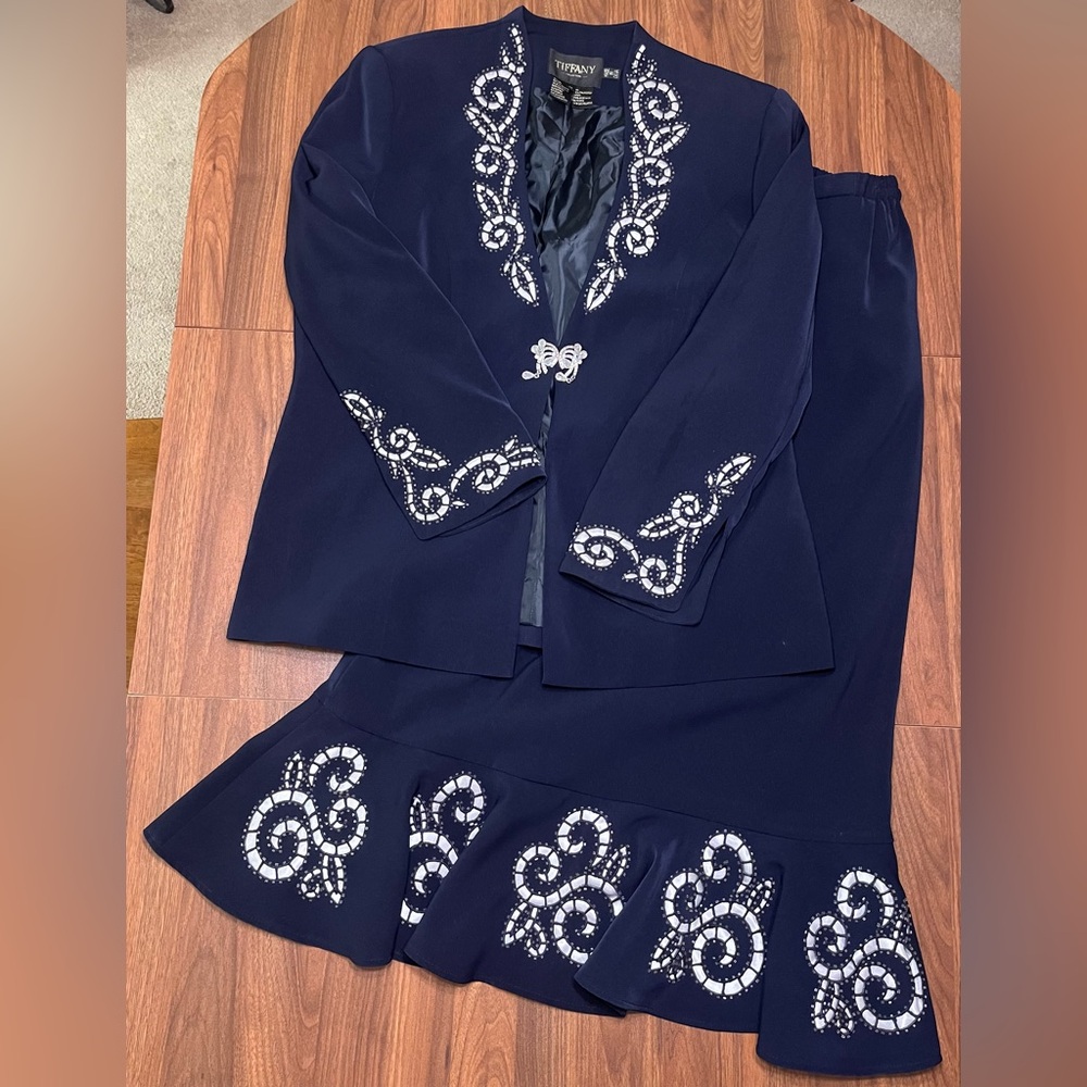 Vintage Tiffany Collection Navy Jacket and Skirt Set with Butterfly Rhinestones